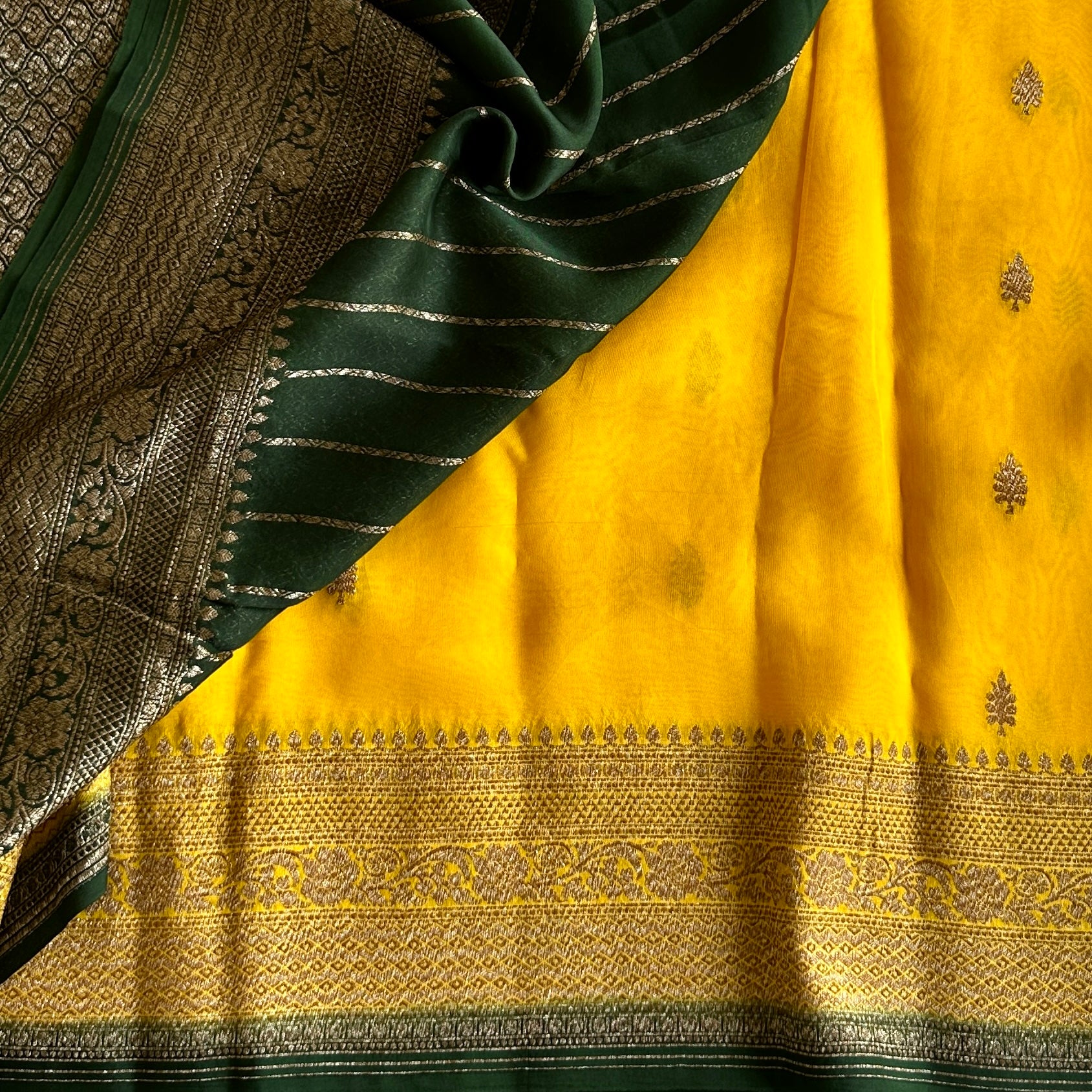 Golden Yellow Banarasi Organza Silk With Bottle Green Pallu & Antique Zari Weave