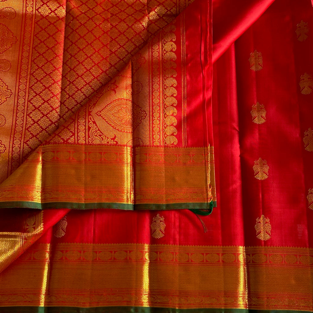 Crimson Red Kanjeevaram Pure Zari Silk Saree With Gandaberunda Zari Buttas