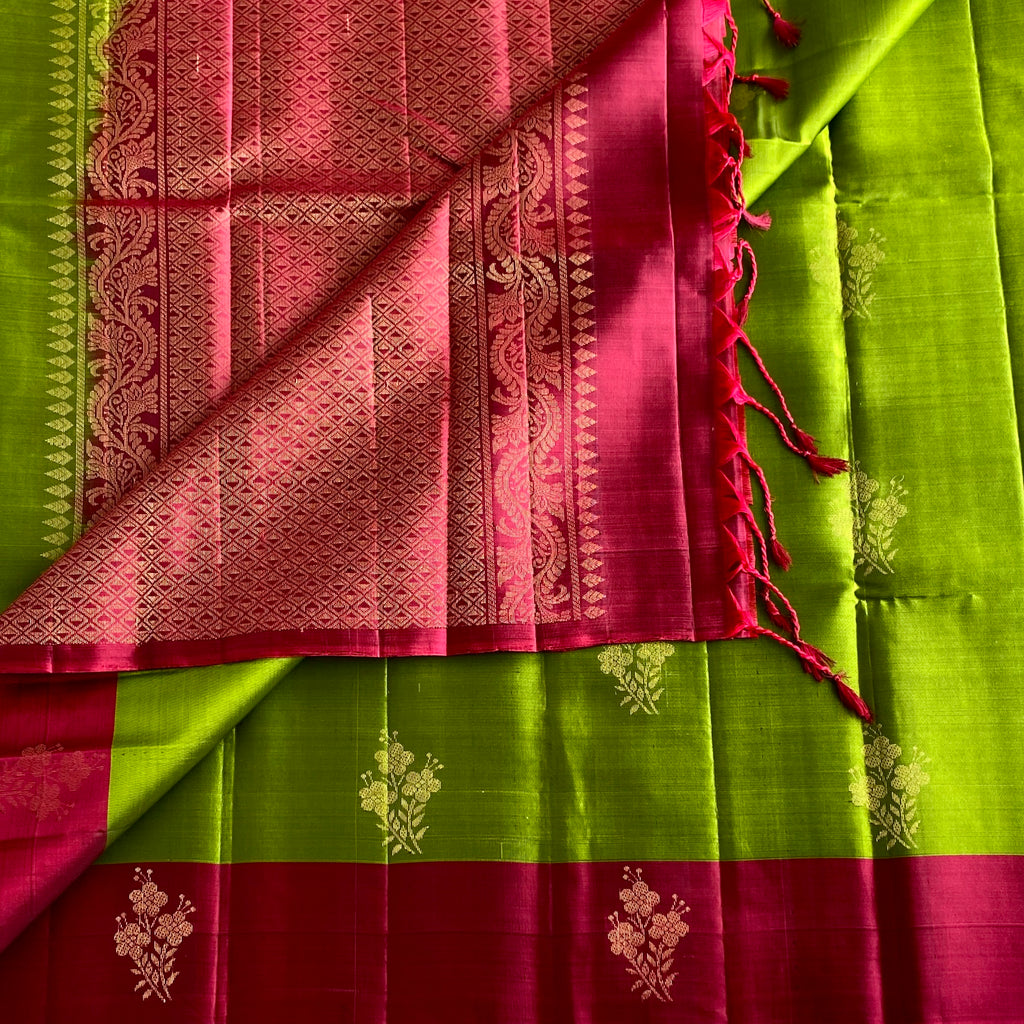 Lime Green Designer Pure Silk Saree With Cherry Red Pallu And Gold Zari
