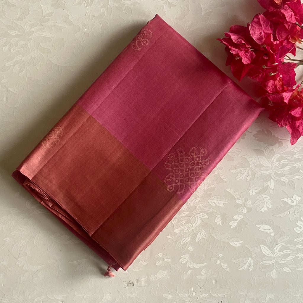 Rose Pink Designer Pure Silk With Metallic Peach Pallu