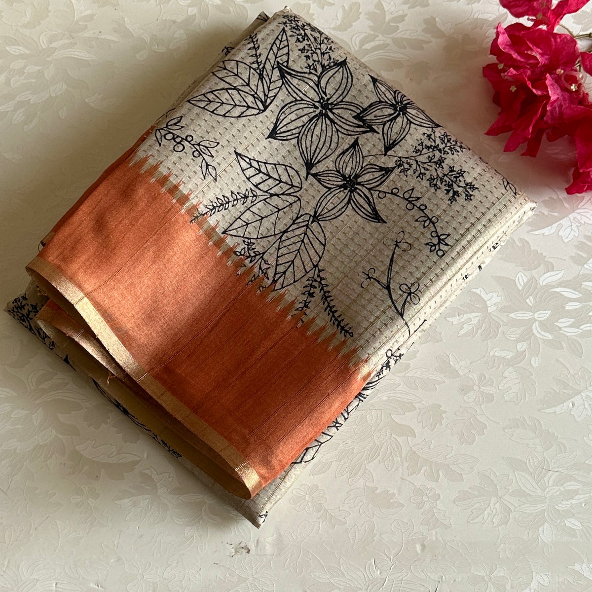 Ecru Beige Soft Tussar Silk Saree With Rusty Coral Panel