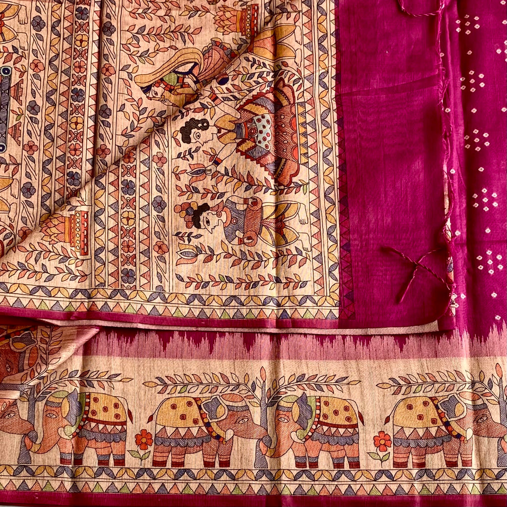 Raspberry Magenta Soft Tusaar Silk with Printed Designer Warli Borders & Pallu