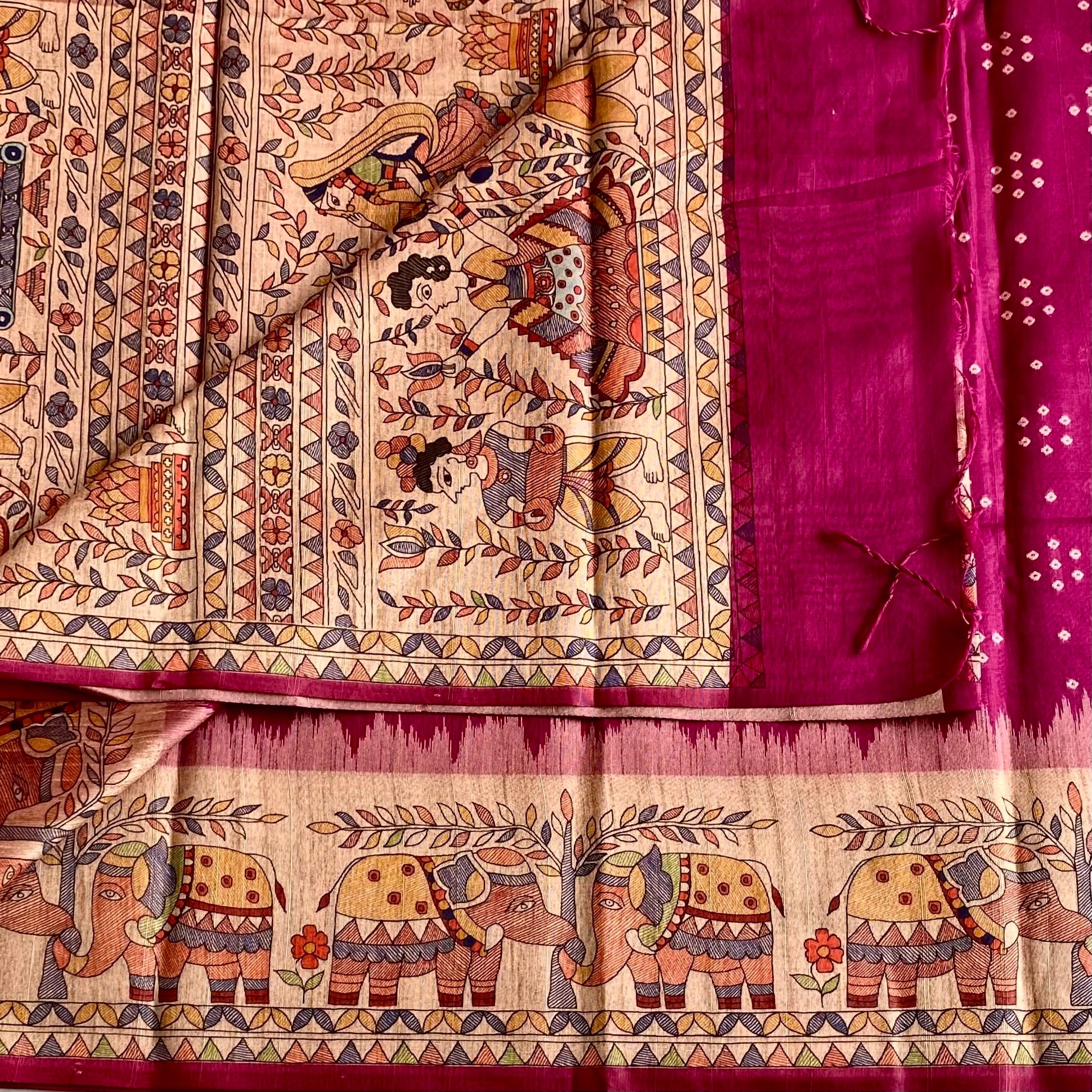 Raspberry Magenta Soft Tusaar Silk with Printed Designer Warli Borders & Pallu