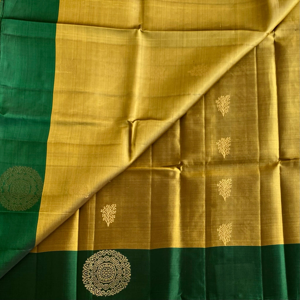 Olive Gold Designer Pure Silk Saree With Bottle Green Pallu