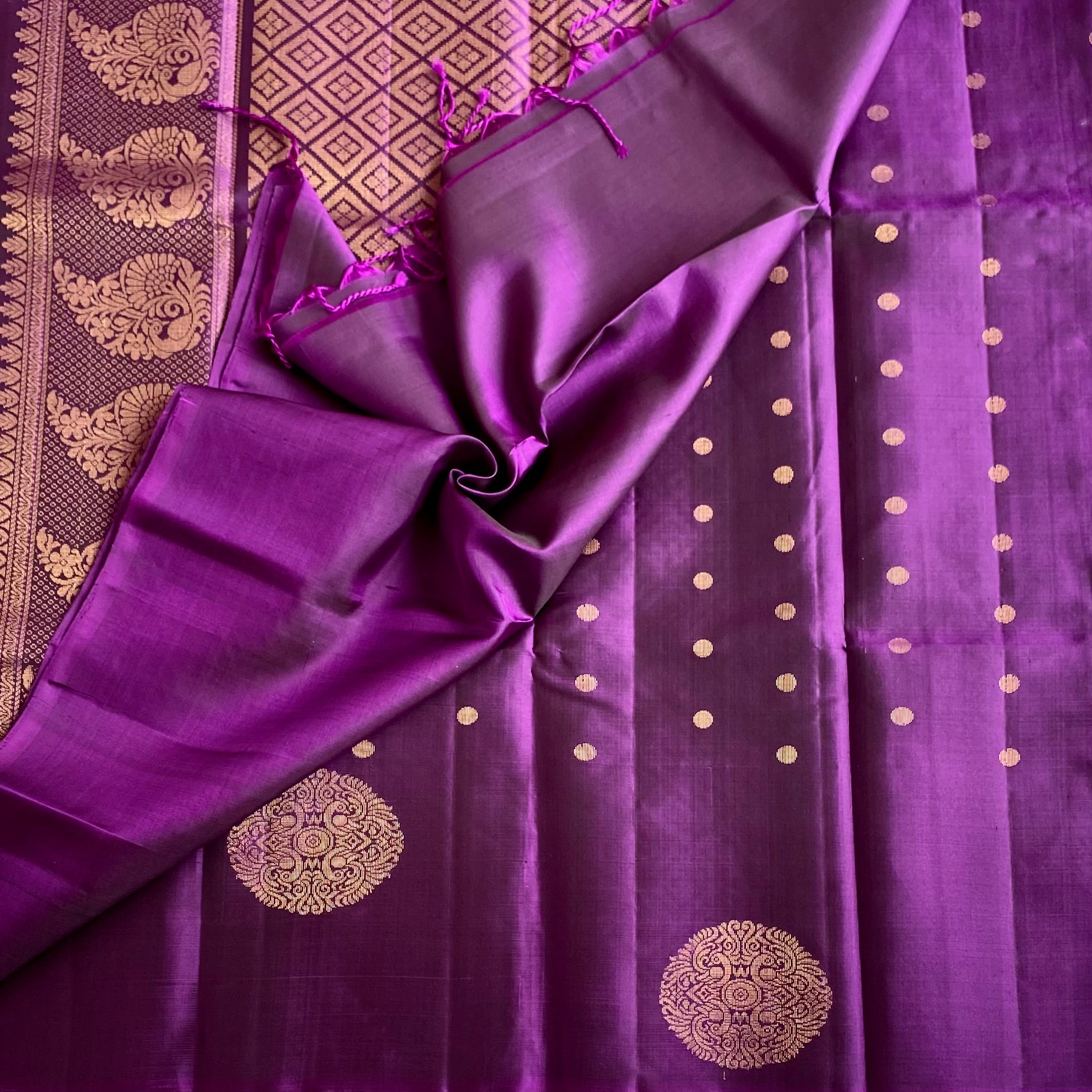 Royal Purple Designer Pure Silk Saree With Antique Gold Details