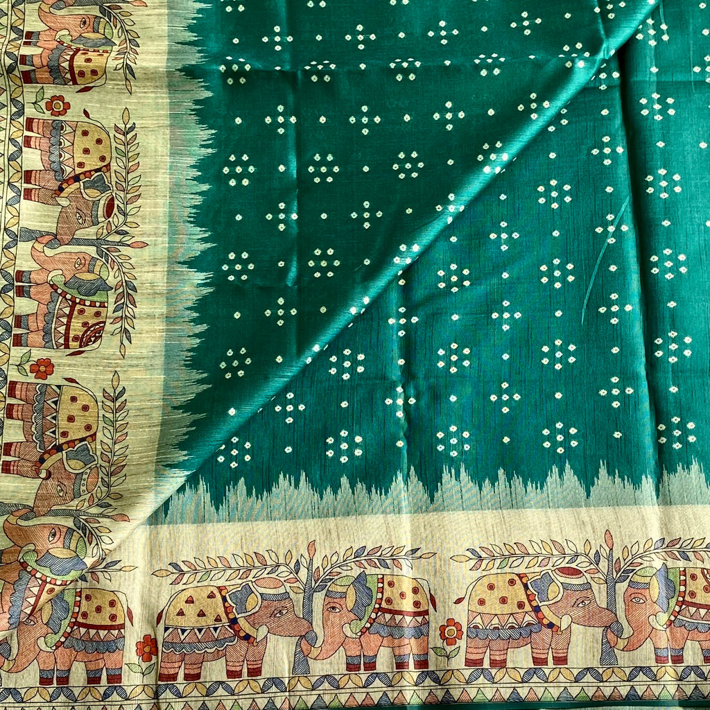 Bluish Green Soft Tusaar Silk with Printed Designer Warli Borders & Pallu