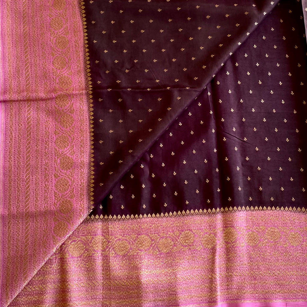 Wine Brown Banarasi Crepe Silk Saree With Rose Pink Pallu