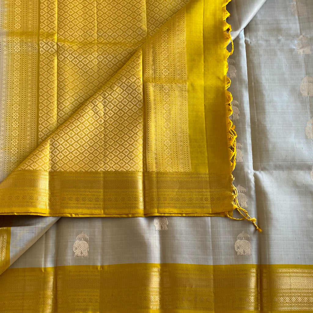 Antique Silver Designer Pure Silk Saree With Mustard Yellow Pallu