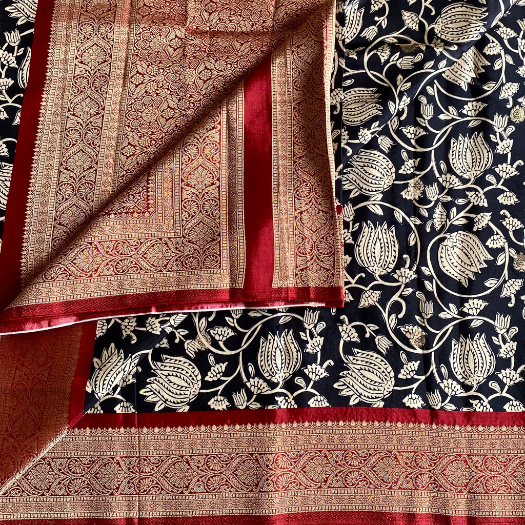 Jet Black Kalamkari Soft Tussar Silk with Rich Maroon Pallu