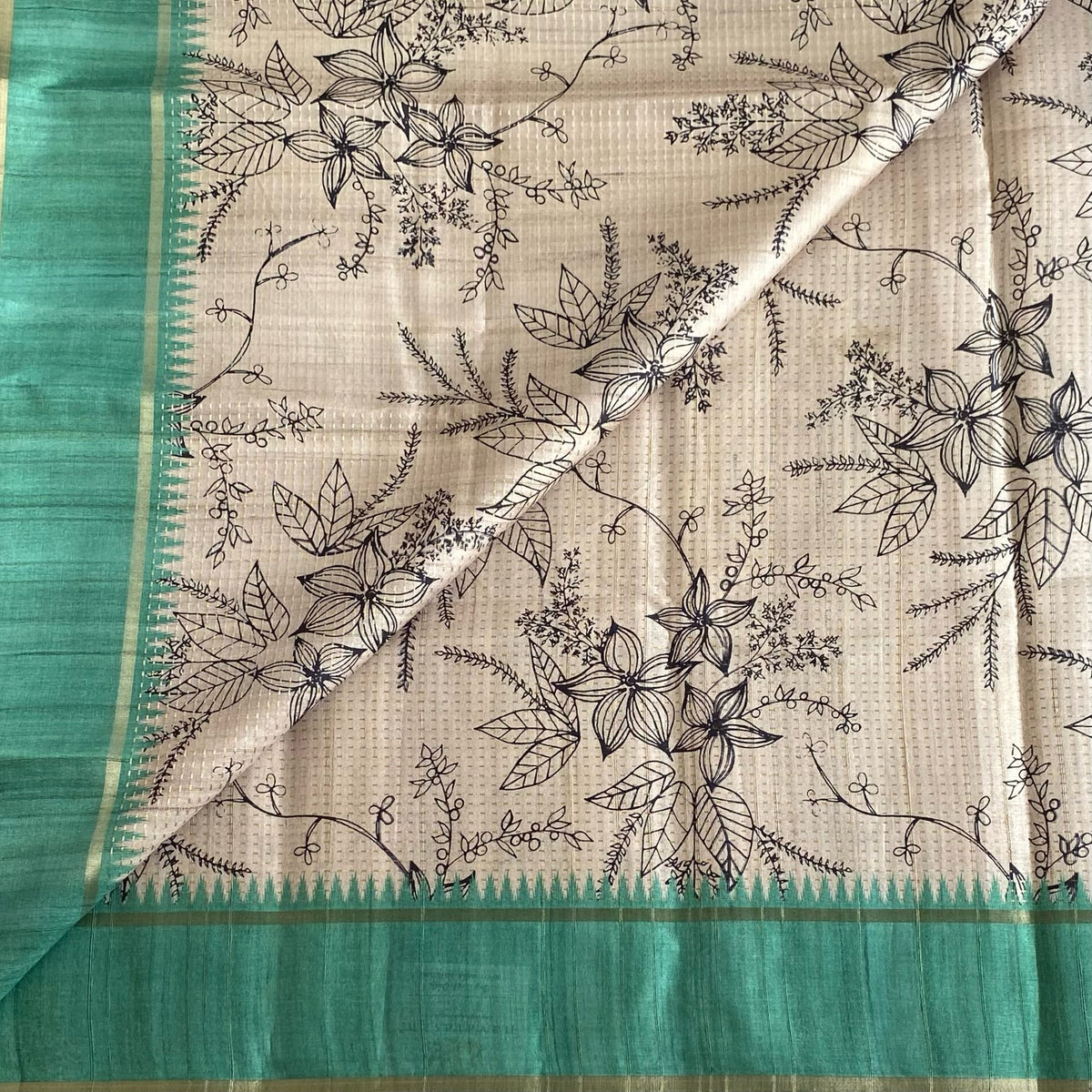 Ecru Beige Soft Tussar Silk Saree With Sea foam Green Panel