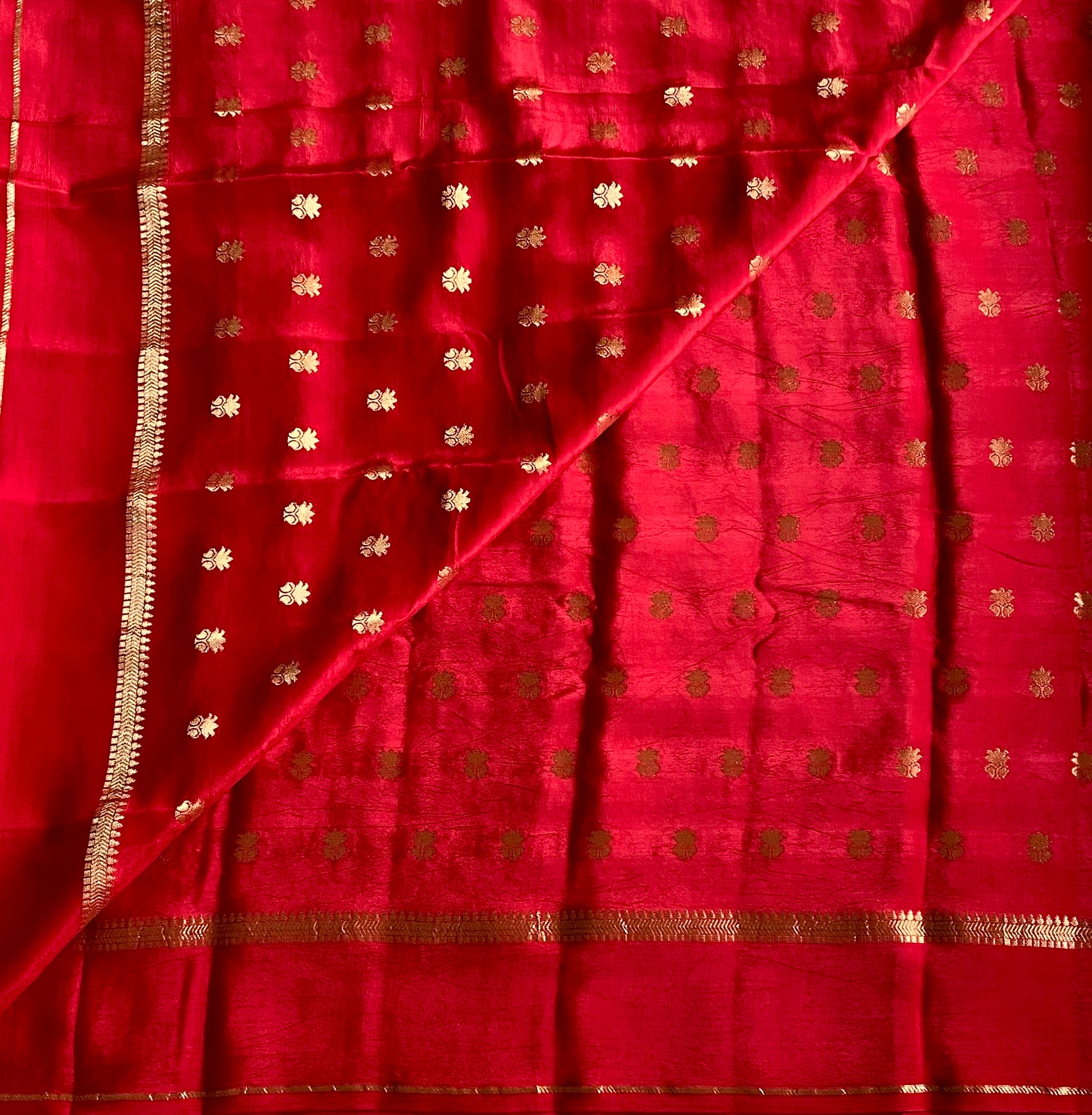 Scarlet Red soft crepe silk with Metallic Gold Motifs Striped Pallu Traditional Wearo