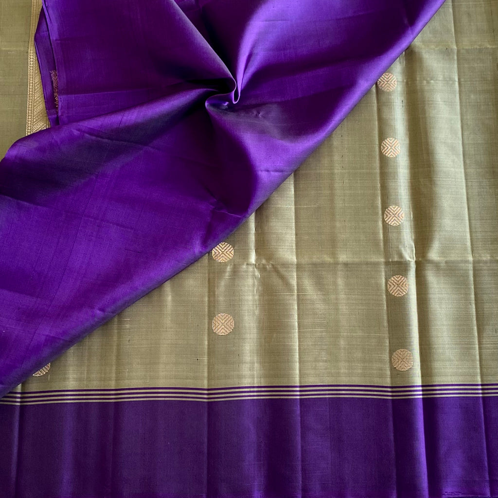 Dreamt Olive Green Designer Pure Silk Saree With Royal Purple Border