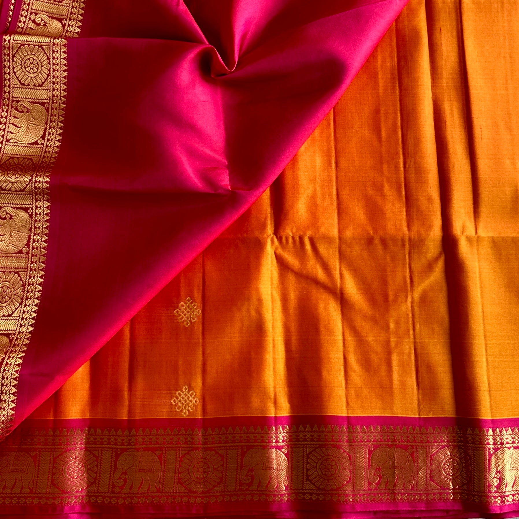 Sunset Orange Designer Pure Silk Kollam Zari Weave & Rani Pink Contrast