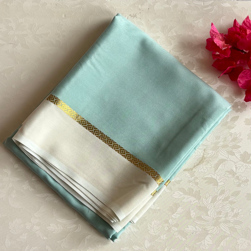 Pastel Powder Blue Mysore Crepe Silk Saree With Ivory Pallu And Gold Border