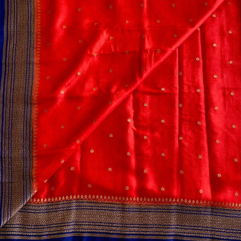 Scarlet Red Banarasi Crepe Silk Saree With Royal Blue Pallu