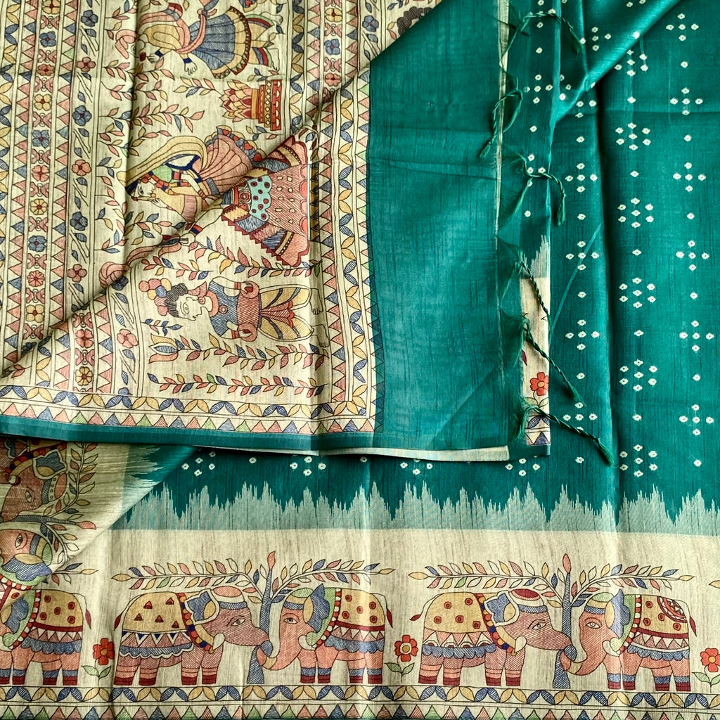 Bluish Green Soft Tusaar Silk with Printed Designer Warli Borders & Pallu