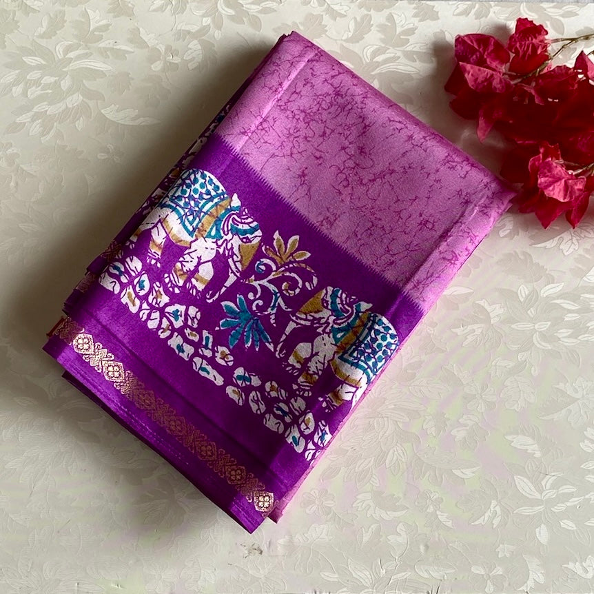 Lotus Pink Elephant Borders with Violet Printed Soft Cotton