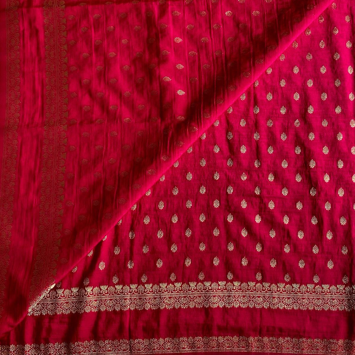 Rani Pinkish Red Soft Tussar Silk Saree With Antique Gold Brocade Pallu