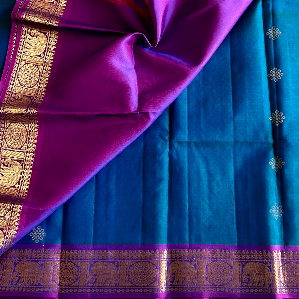 Dual Shaded Peacock Blue Designer Pure Silk Kollam Zari Weave