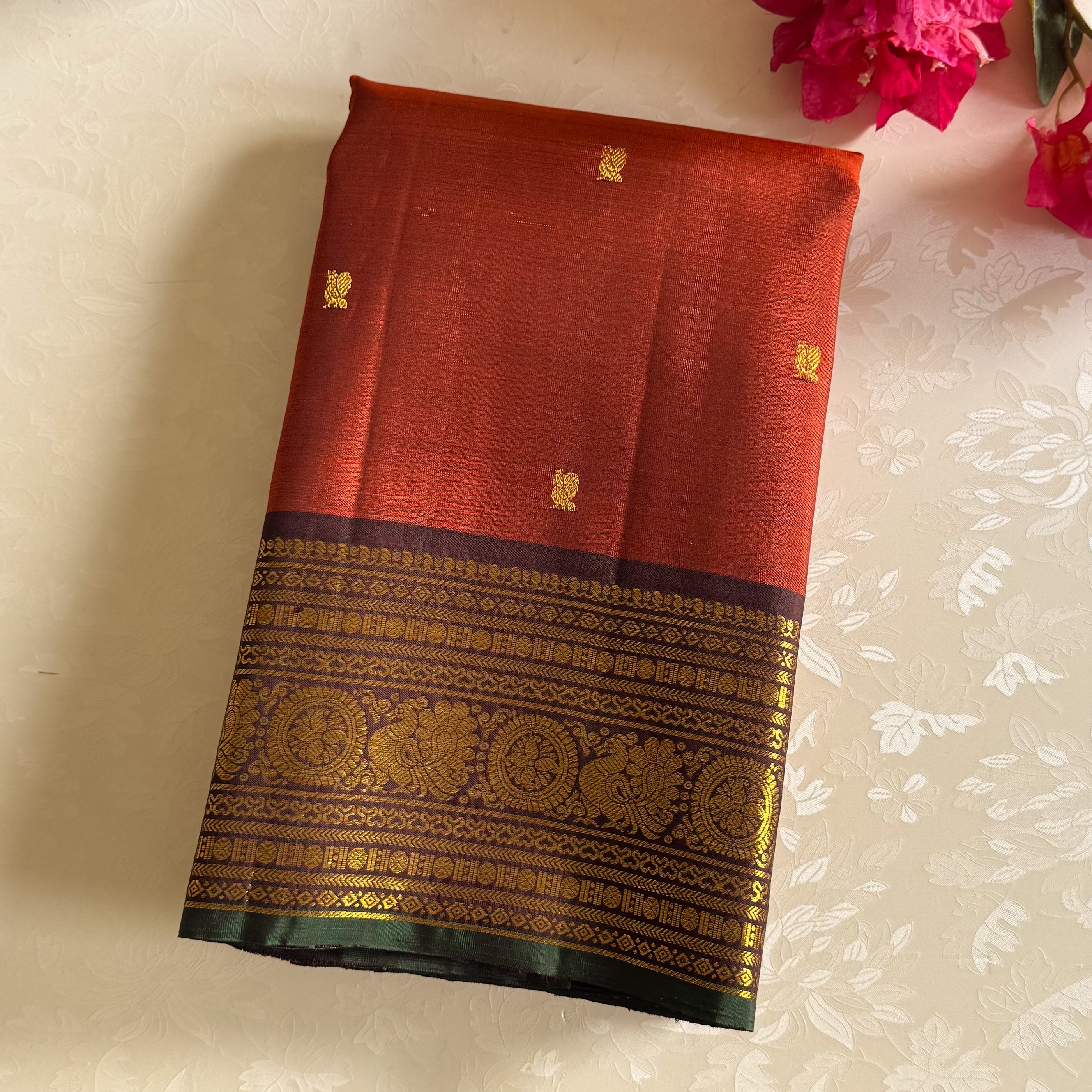 Vintage Classic Rust Kanjeevaram Silk with Deep Wine Brown Pure Zari stunner