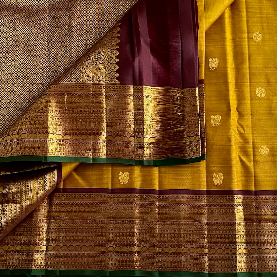 Mustard Yellow Kanjeevaram Pure Zari Silk Saree With Wine Brown Pallu