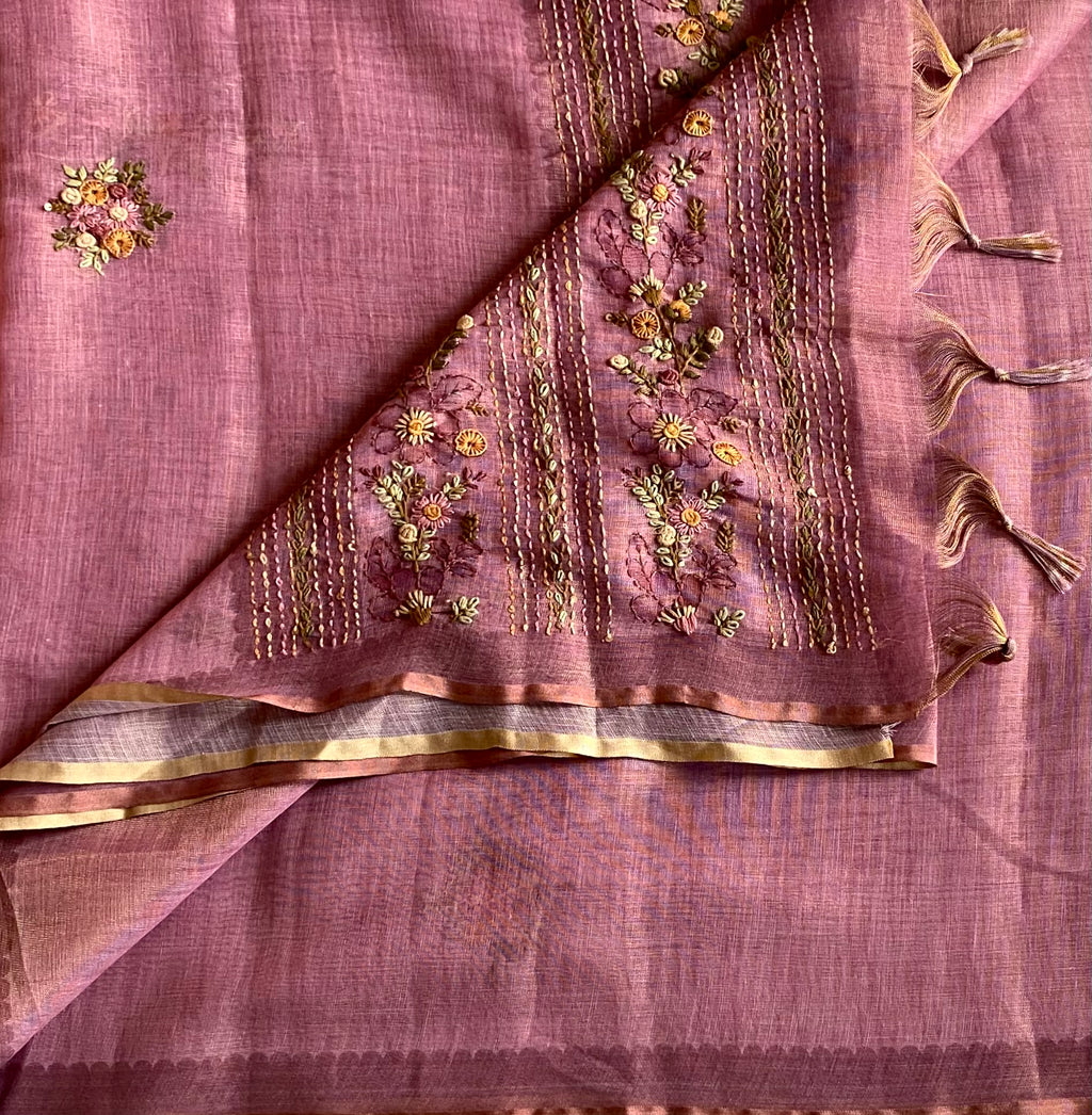 Elegant Dusty Rose Floral french knot Embroidered Saree With antiqueGold Tassel Border