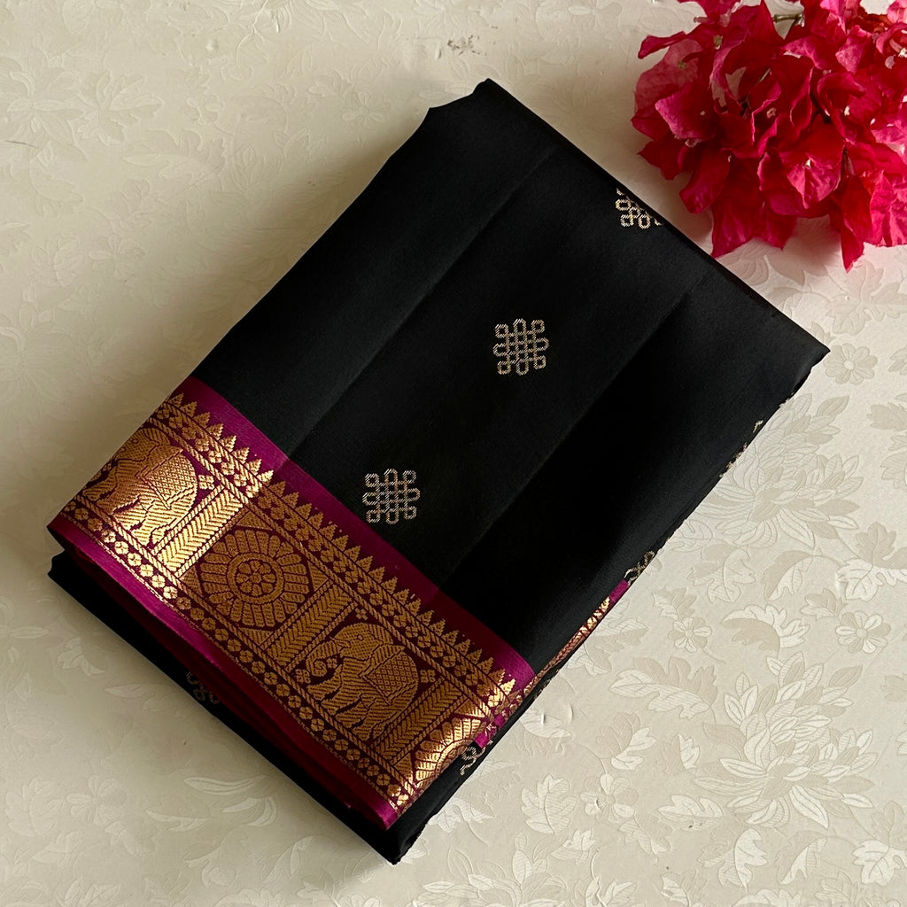 Jet Black Designer Pure Silk Kollam Zari Weave & Magenta Contrast
