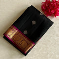 Jet Black Designer Pure Silk Kollam Zari Weave & Magenta Contrast