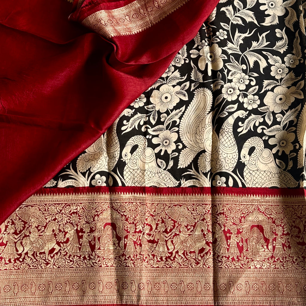 Jet Black Kalamkari Soft Tussar Silk Saree With Rich Maroon Temple Pallu
