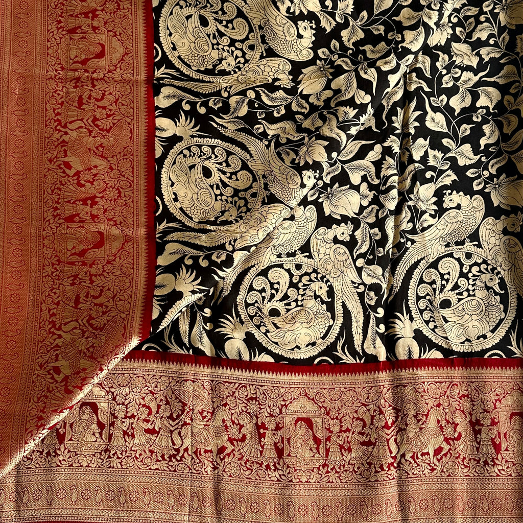 Jet Black Kalamkari Soft Tussar Silk Saree With Deep Maroon Pallu