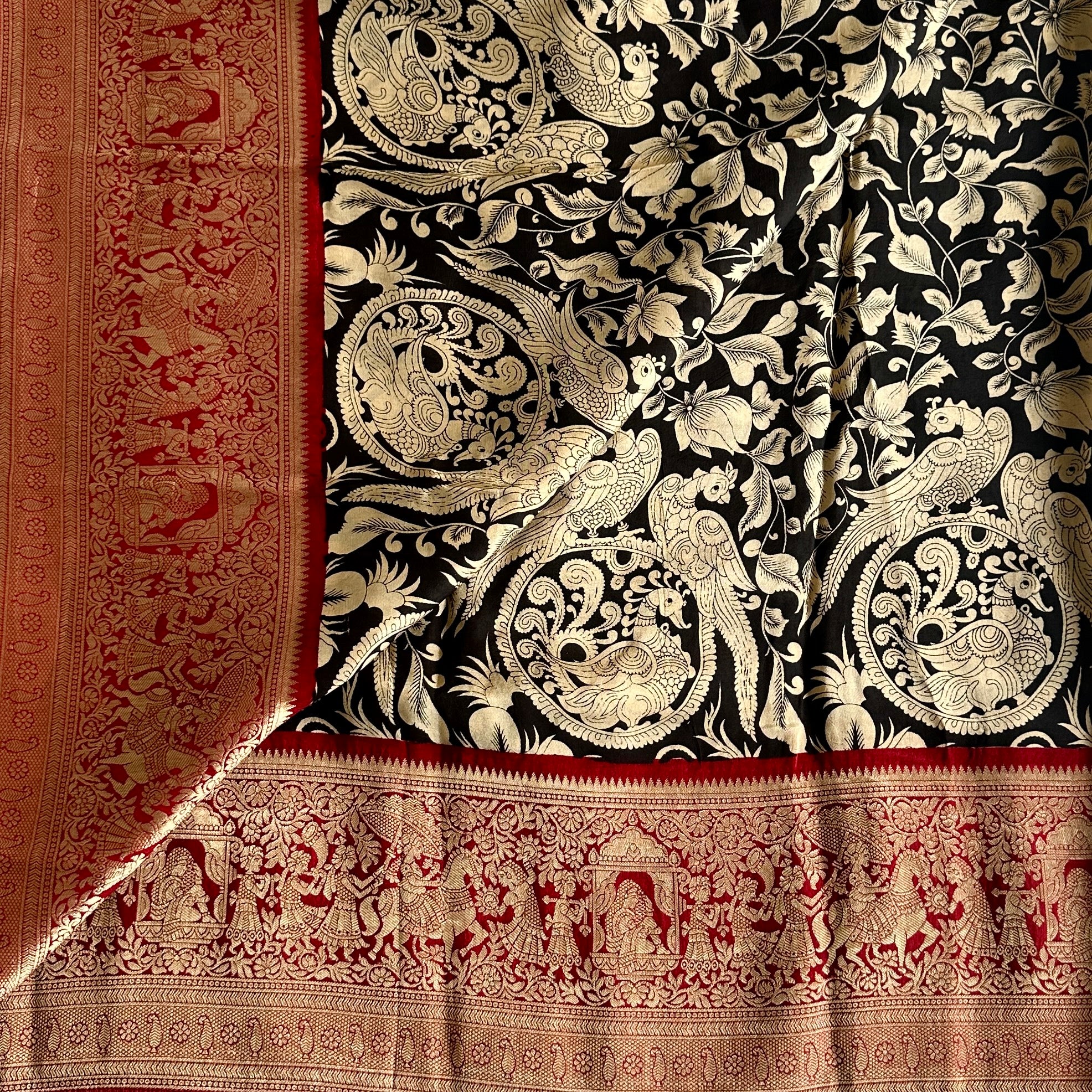 Jet Black Kalamkari Soft Tussar Silk Saree With Deep Maroon Pallu