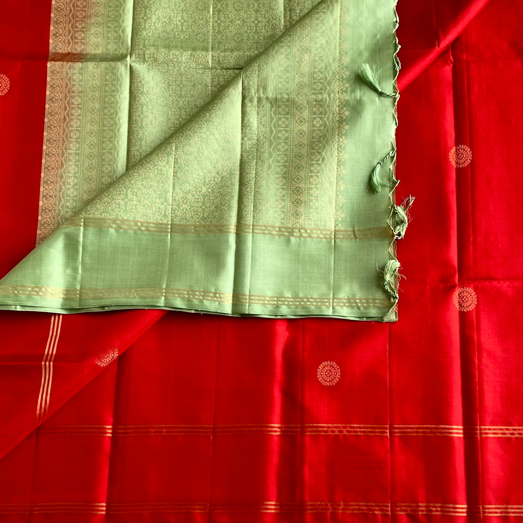 Scarlet Red Designer Pure Silk Saree With Mint Green Pallu