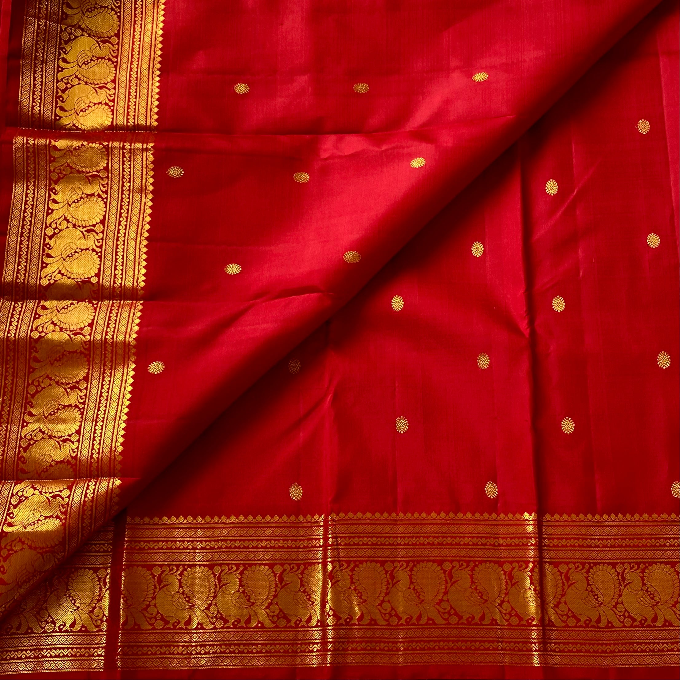 Perfect Red Kanjeevaram Pure Zari Silk Saree With Designer Peacock Borders