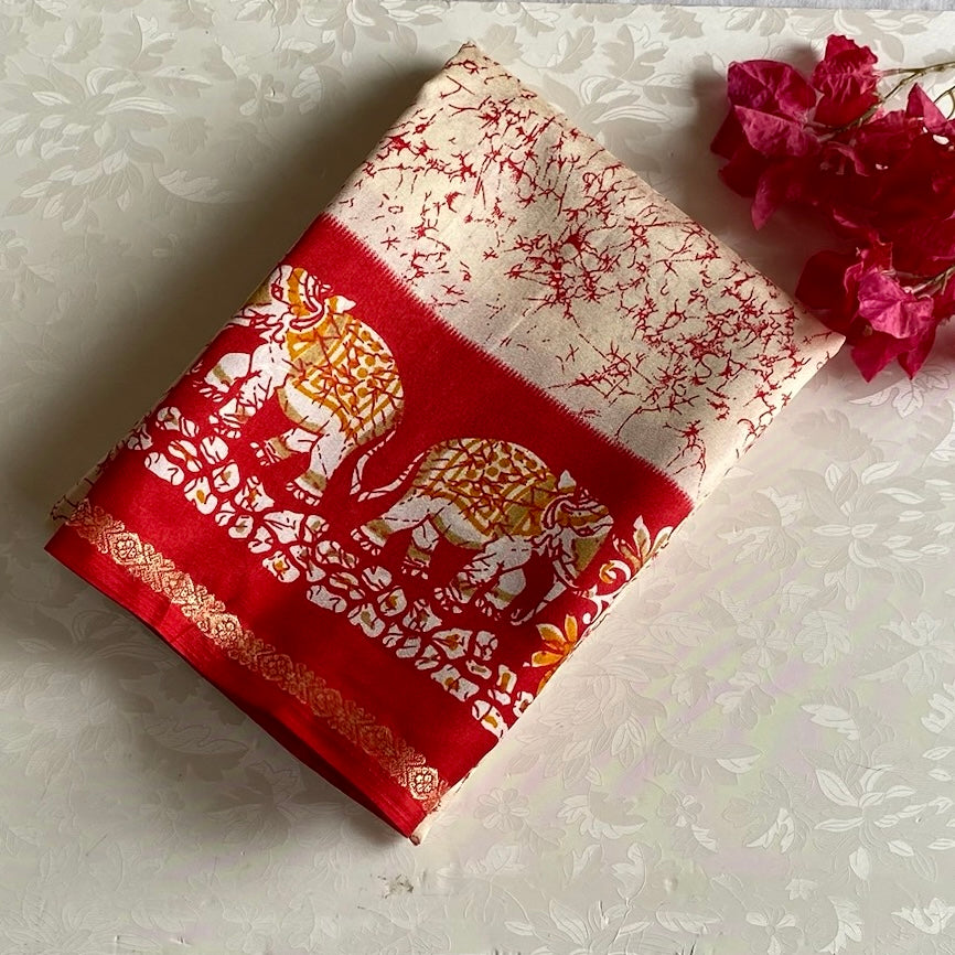 Ivory Beige Elephant Borders with Deep Crimson Printed Soft Cotton