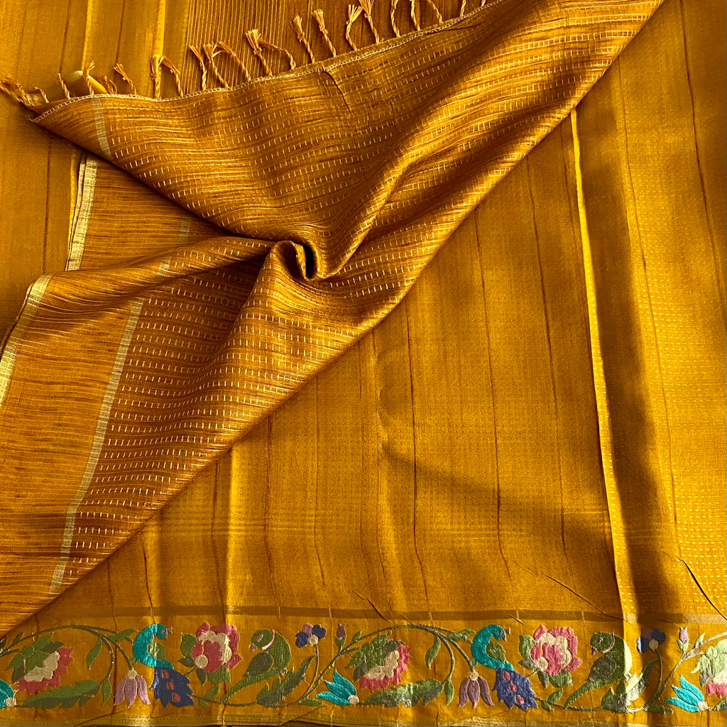 Golden Yellow Soft Tussar Silk With Designer Floral Embroidered Borders & Pallu
