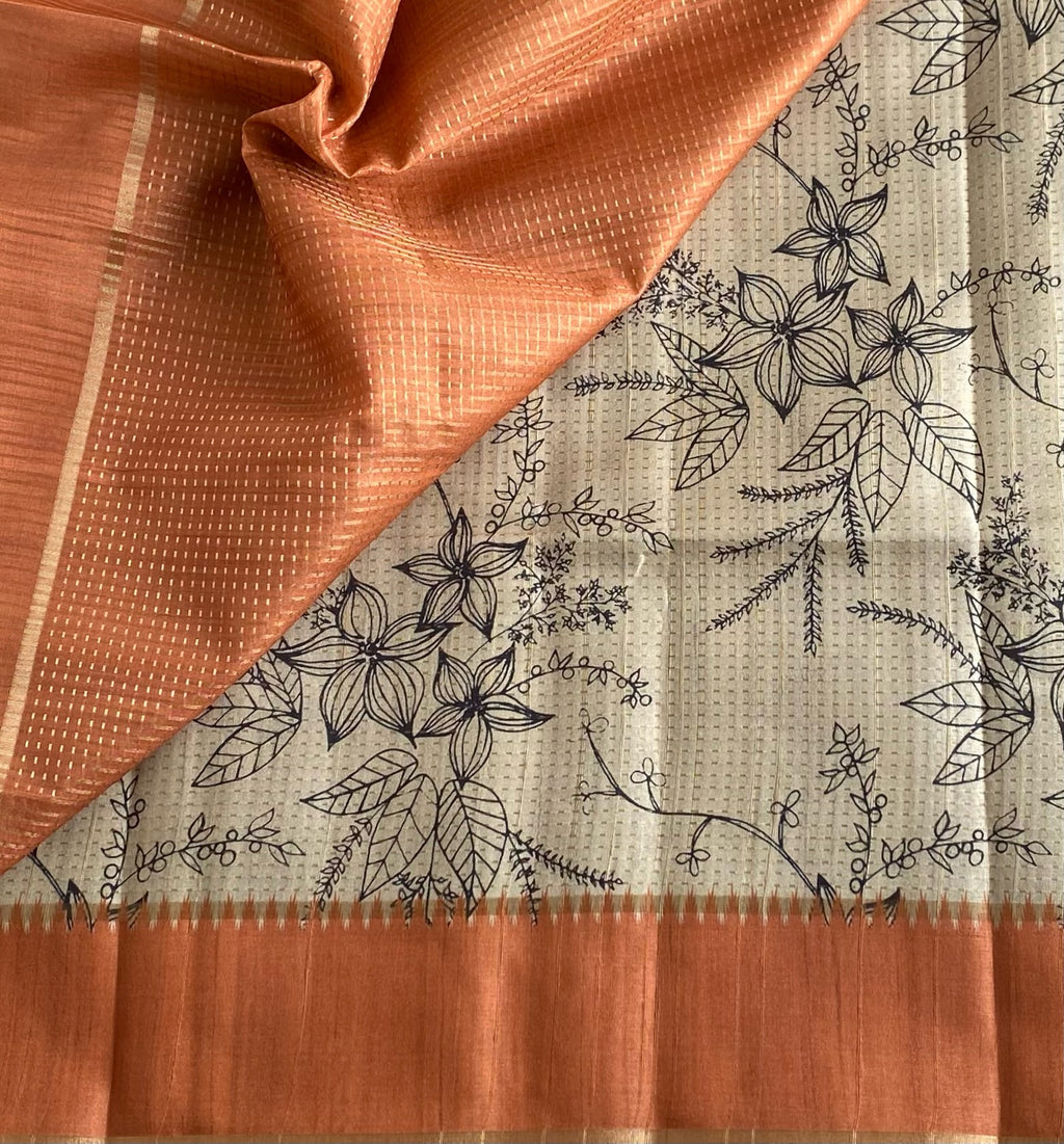 Ecru Beige Soft Tussar Silk Saree With Rusty Coral Panel