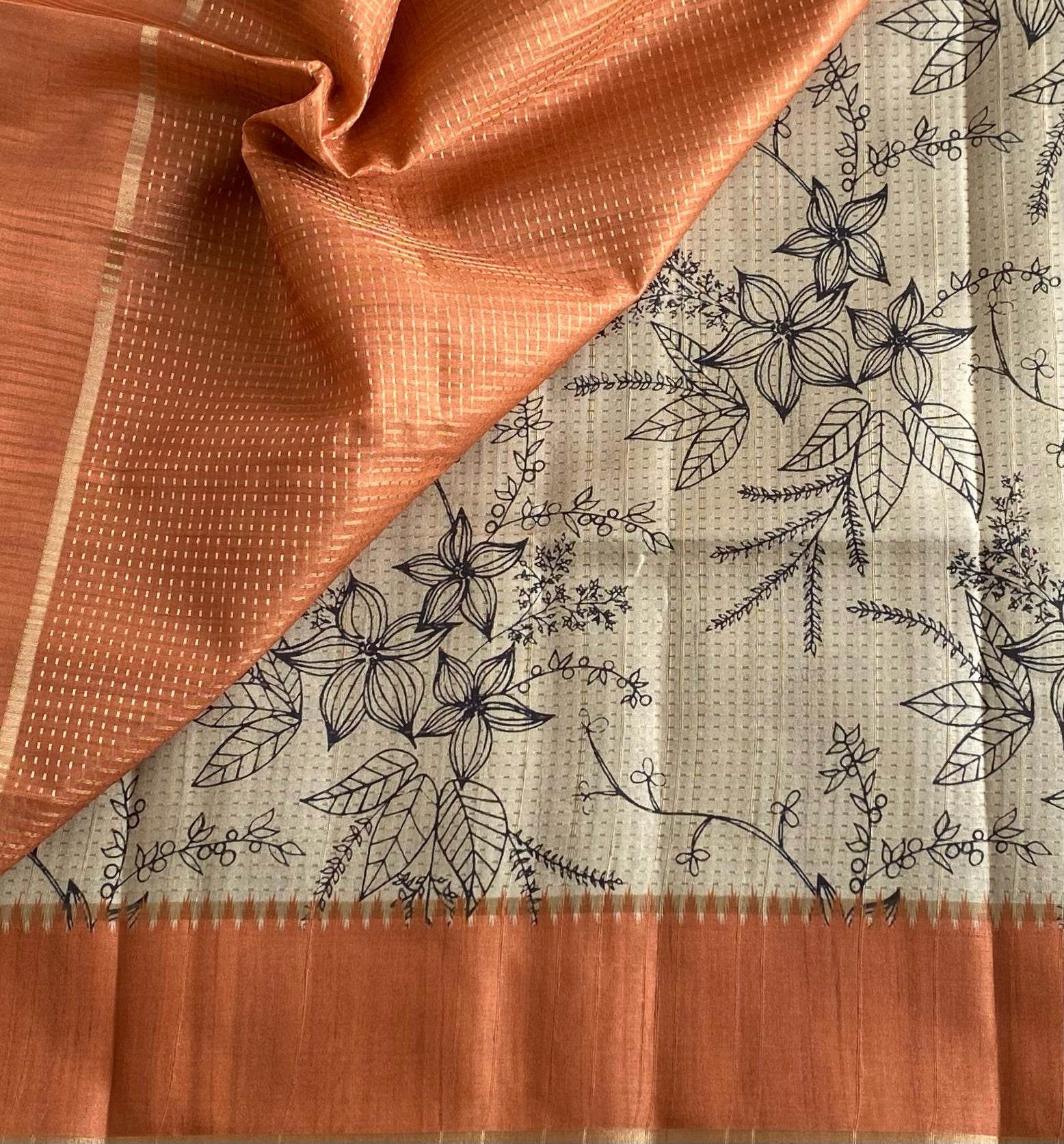 Ecru Beige Soft Tussar Silk Saree With Rusty Coral Panel