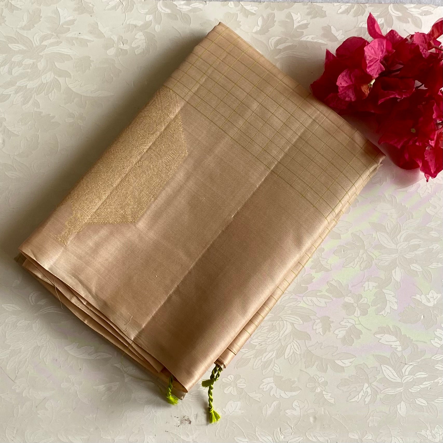 Champagne Beige Designer Pure Silk Saree With Chartreuse Green Pallu