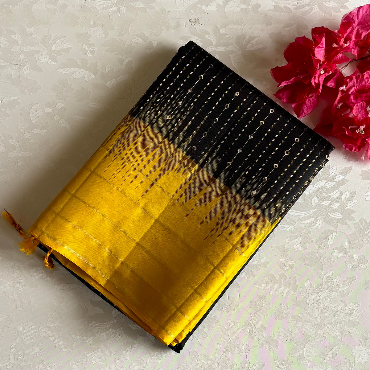 Jet Black & Golden Yellow Designer Pure Silk with Twilight Zari weave
