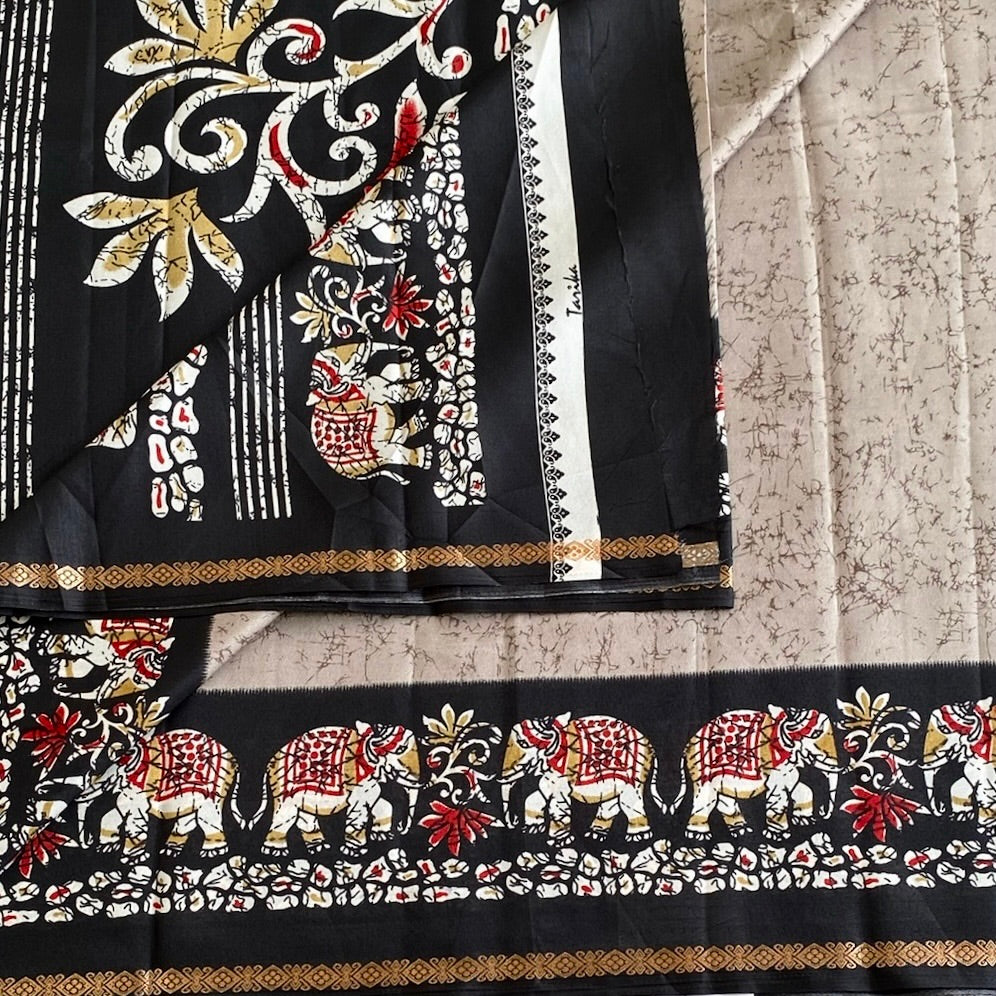 Classy Grey Elephant Borders with Jet Black Printed Soft Cotton