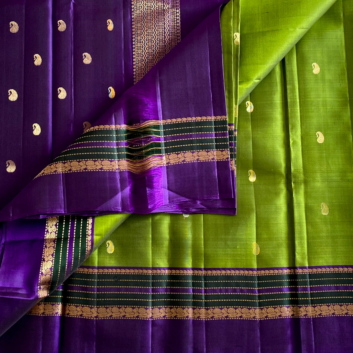 Kanjeevaram Pure Zari Silk Olive Green With Rich Royal Purple Contrast