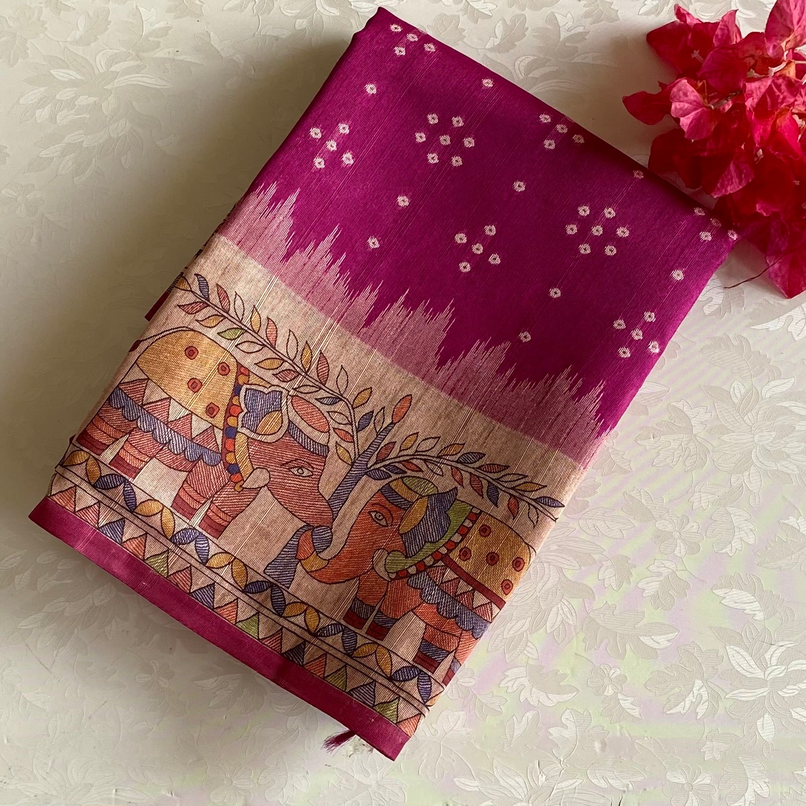 Raspberry Magenta Soft Tusaar Silk with Printed Designer Warli Borders & Pallu