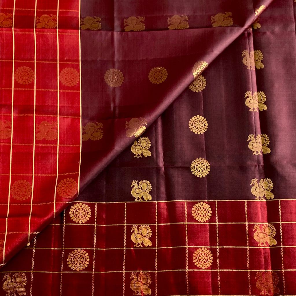 Deep Coffee Designer Pure Silk Saree With Scarlet Maroon Pallu