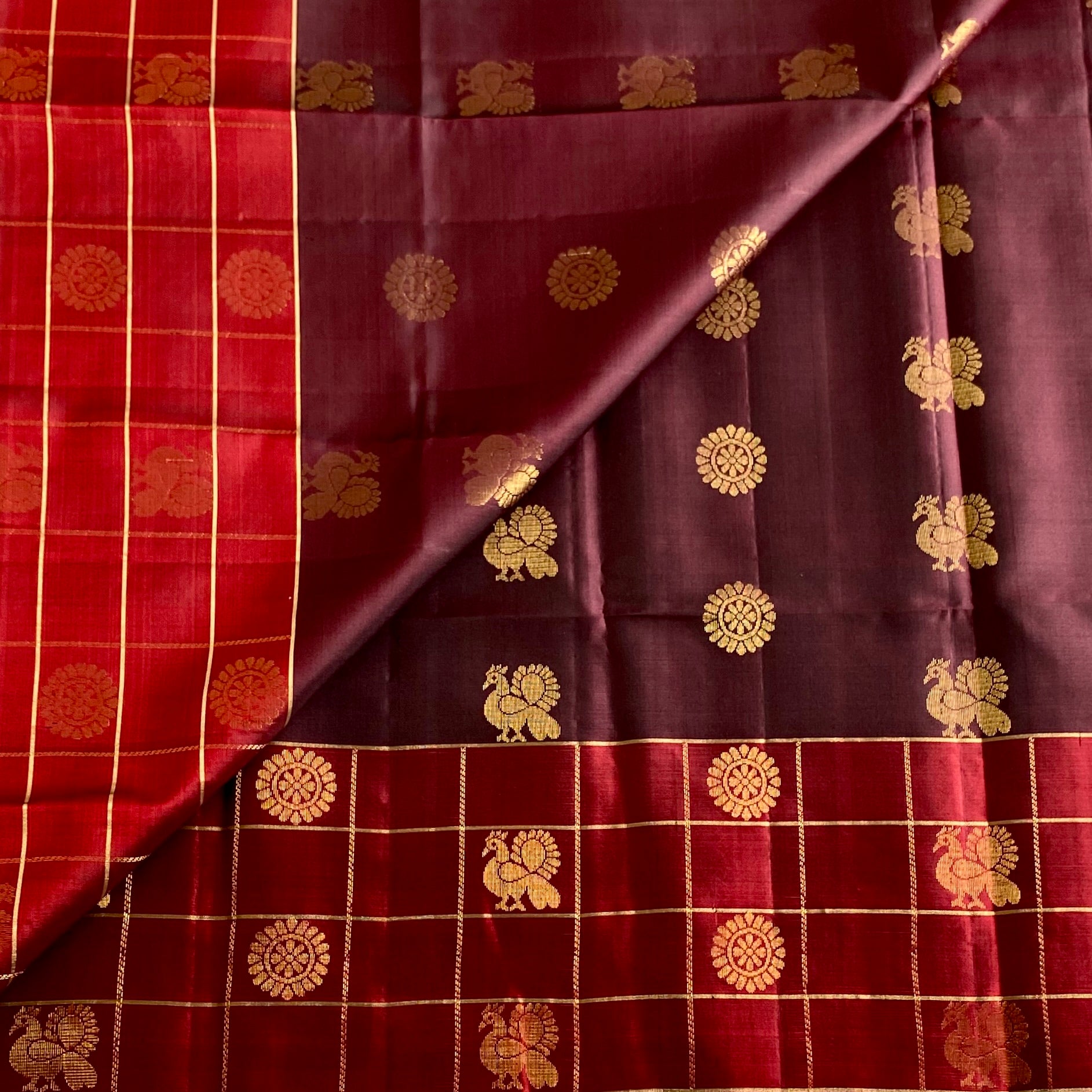 Deep Coffee Designer Pure Silk Saree With Scarlet Maroon Pallu