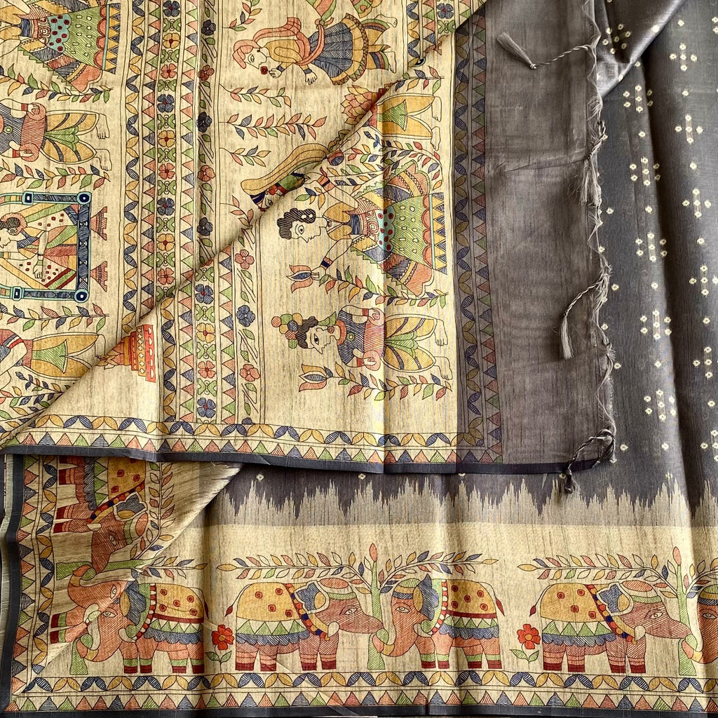 Cloud Grey Soft Tusaar Silk with Printed Designer Warli Borders & Pallu