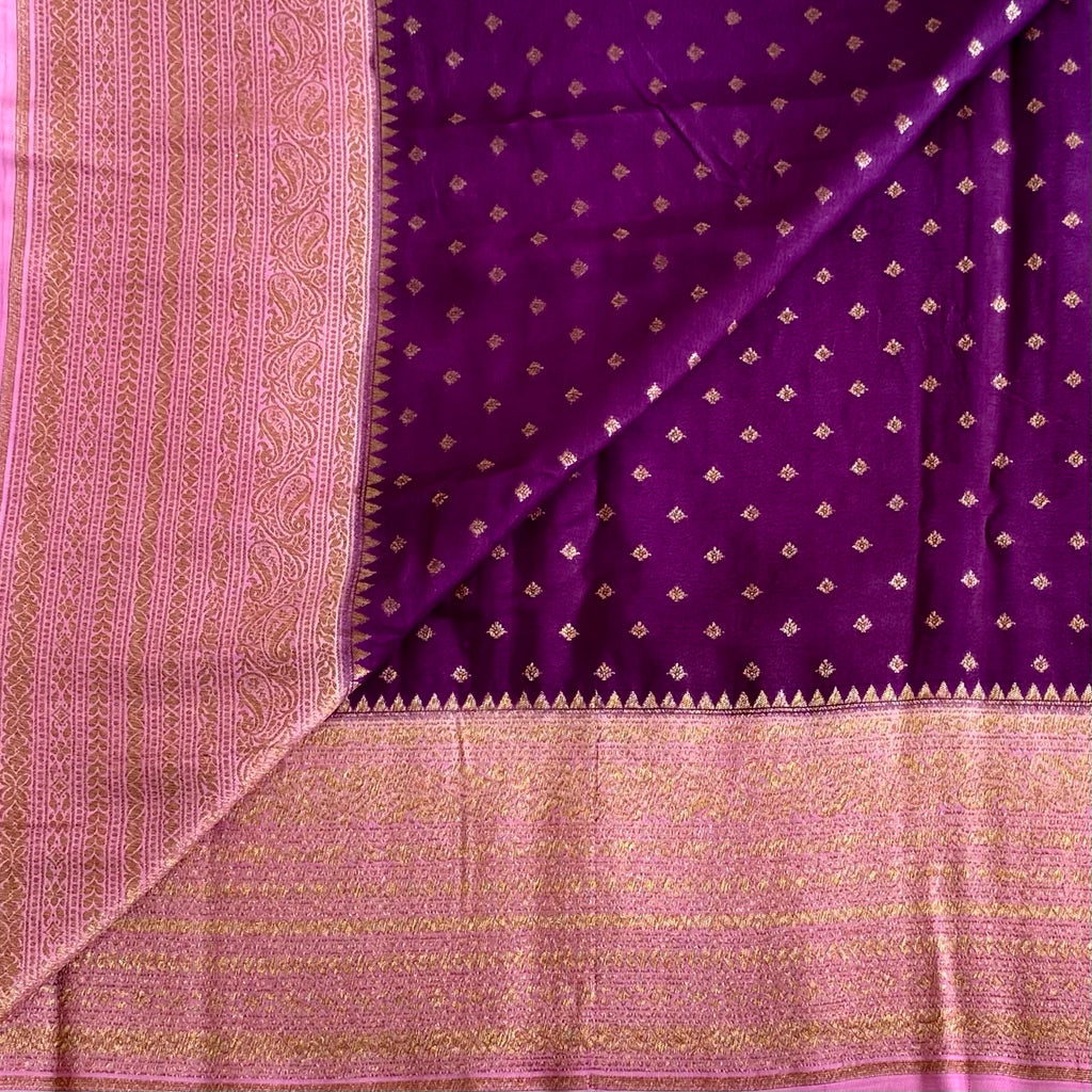Stunner Deep Wine Purple with Rose Pink Banarasi Crepe Silk