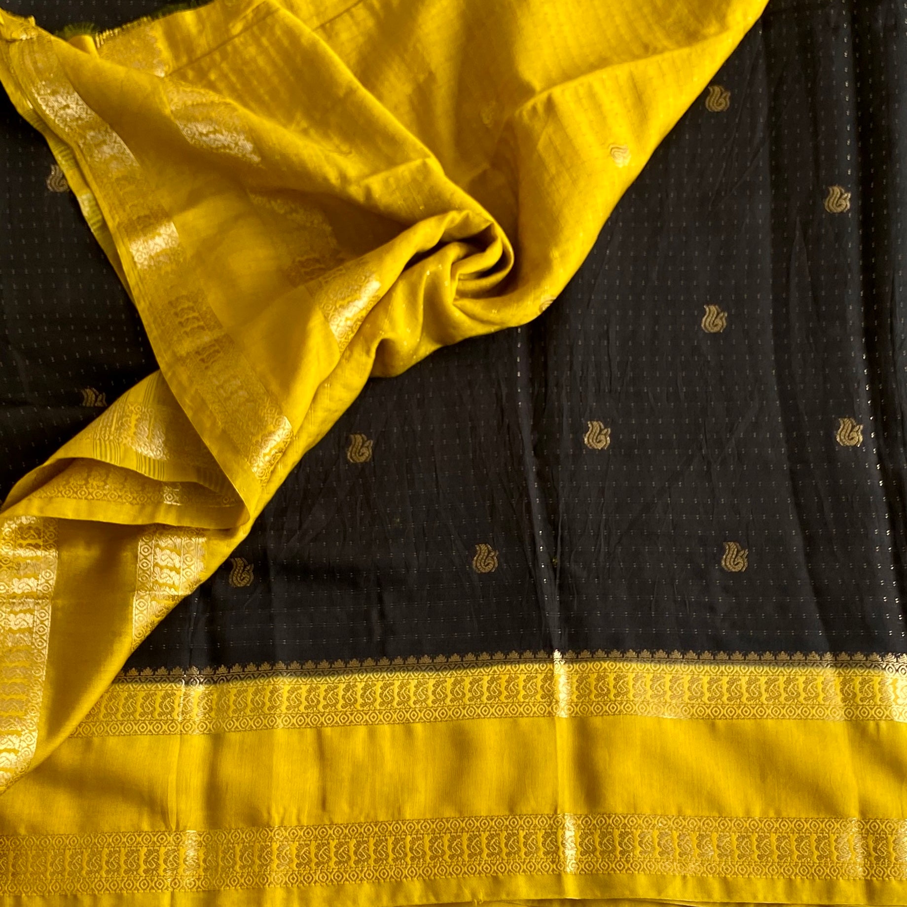 Charcoal Black And Mustard Yellow Soft Tussar Silk Saree