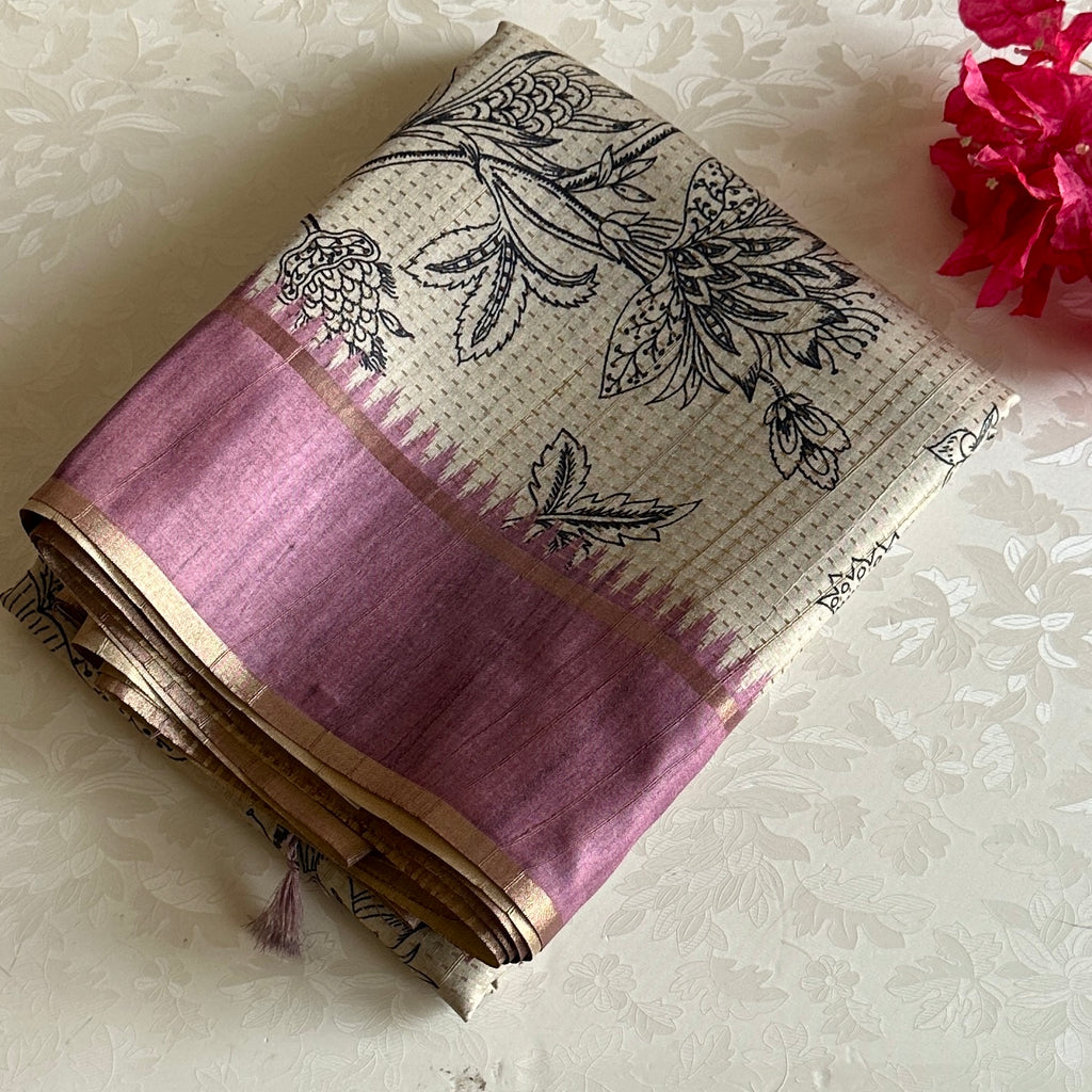 Ecru Beige Soft Tussar Silk Saree With Dreamy Lavender Panel