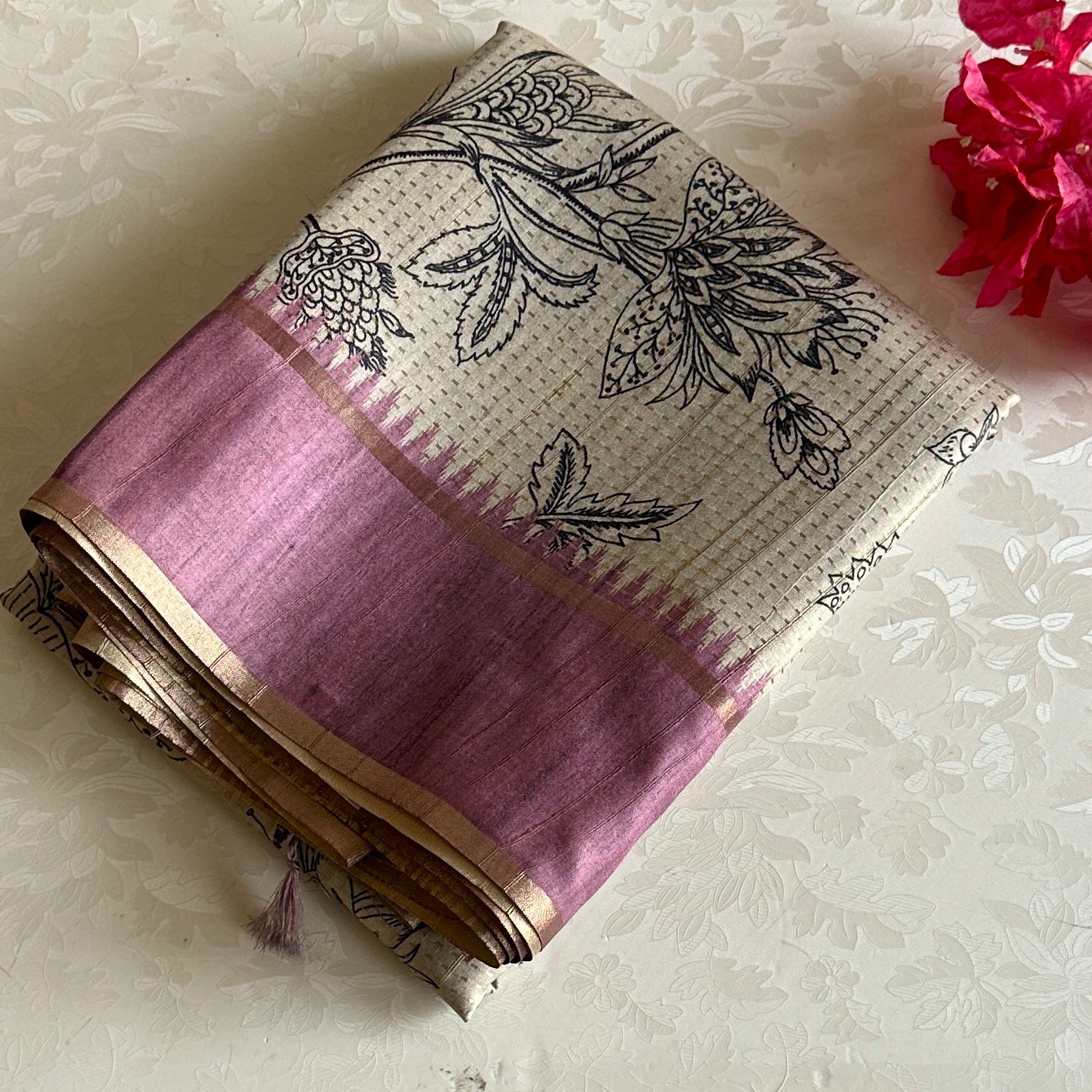 Ecru Beige Soft Tussar Silk Saree With Dreamy Lavender Panel