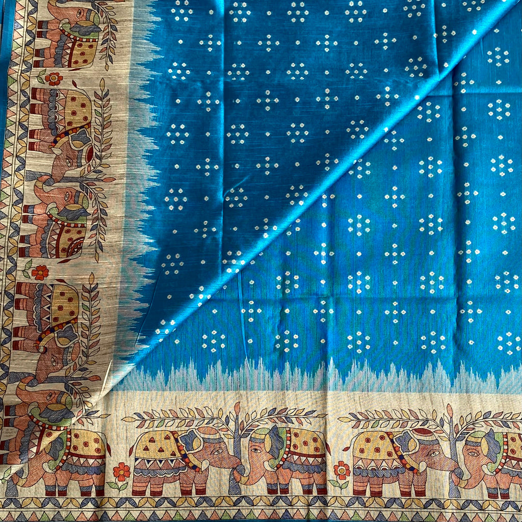 Turquoise Blue Soft Tusaar Silk with Printed Designer Warli Borders & Pallu